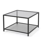 Table basse Costway en verre 70 cm 2 niveaux carrée avec étagère en maille Salon Gris/Transparent