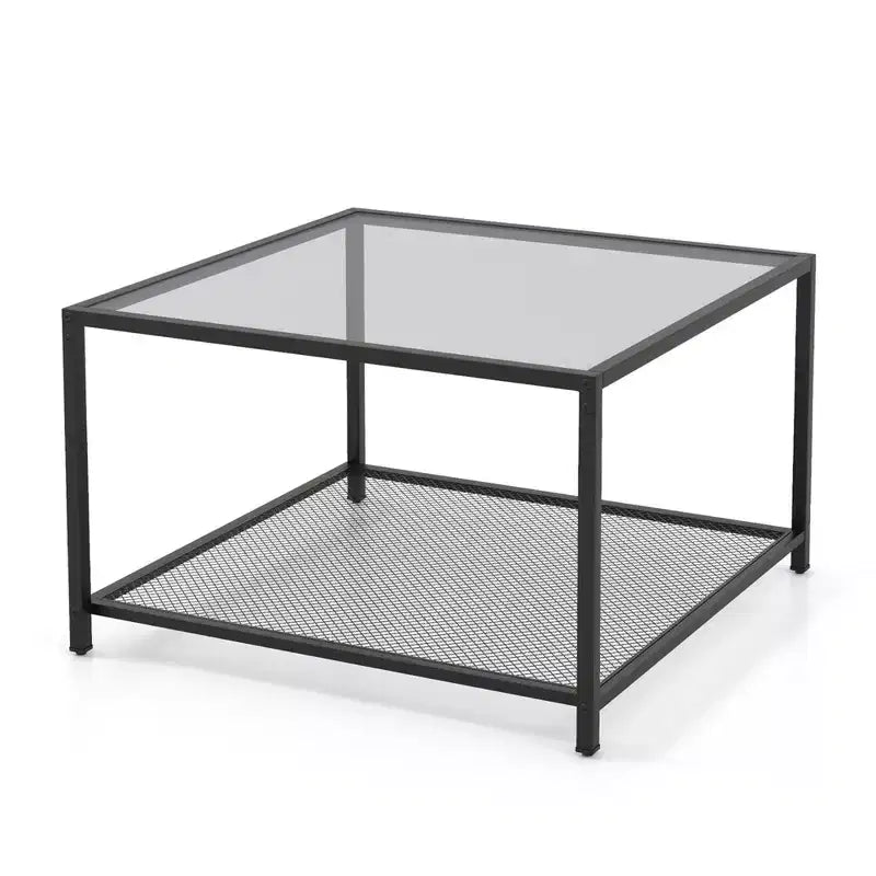 Table basse Costway en verre 70 cm 2 niveaux carrée avec étagère en maille Salon Gris/Transparent