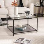 Table basse Costway en verre 70 cm 2 niveaux carrée avec étagère en maille Salon Gris/Transparent
