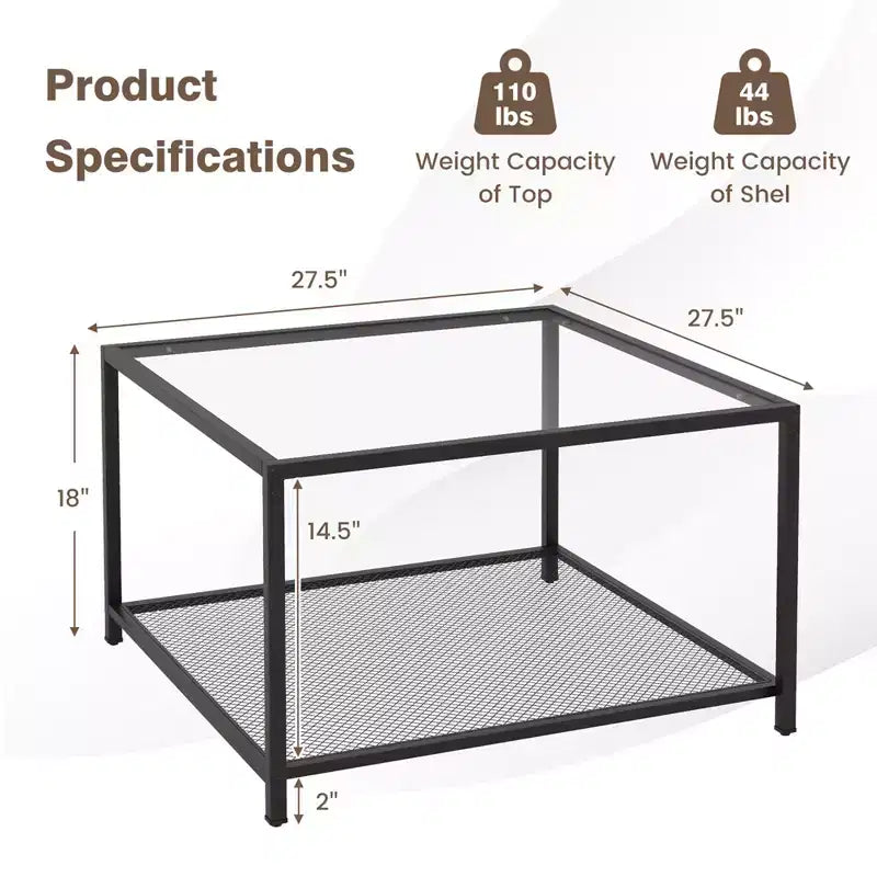 Table basse Costway en verre 70 cm 2 niveaux carrée avec étagère en maille Salon Gris/Transparent