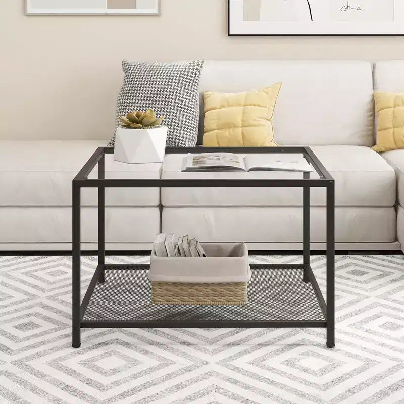 Table basse Costway en verre 70 cm 2 niveaux carrée avec étagère en maille Salon Gris/Transparent