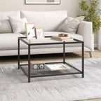 Table basse Costway en verre 70 cm 2 niveaux carrée avec étagère en maille Salon Gris/Transparent