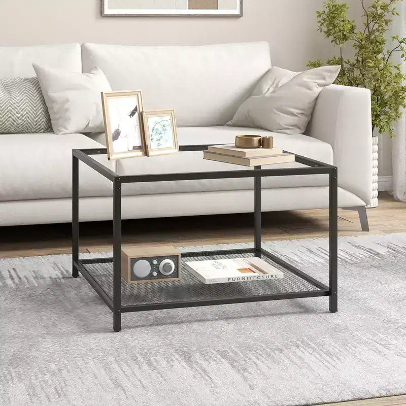 Table basse Costway en verre 70 cm 2 niveaux carrée avec étagère en maille Salon Gris/Transparent
