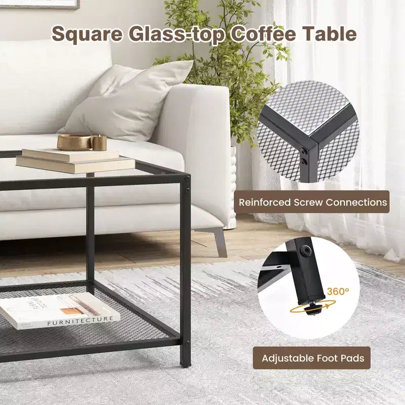 Table basse Costway en verre 70 cm 2 niveaux carrée avec étagère en maille Salon Gris/Transparent