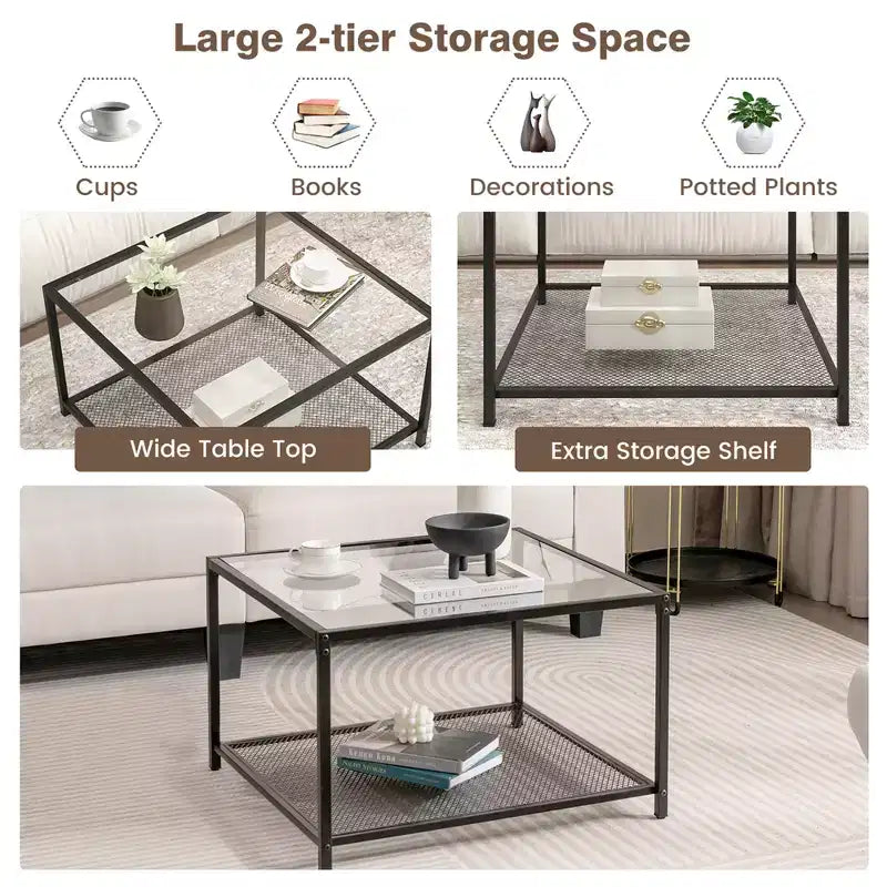 Table basse Costway en verre 70 cm 2 niveaux carrée avec étagère en maille Salon Gris/Transparent