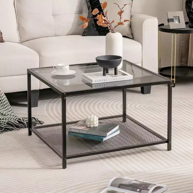 Table basse Costway en verre 70 cm 2 niveaux carrée avec étagère en maille Salon Gris/Transparent