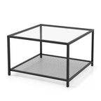 Table basse Costway en verre 70 cm 2 niveaux carrée avec étagère en maille Salon Gris/Transparent
