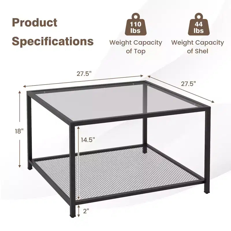 Table basse Costway en verre 70 cm 2 niveaux carrée avec étagère en maille Salon Gris/Transparent