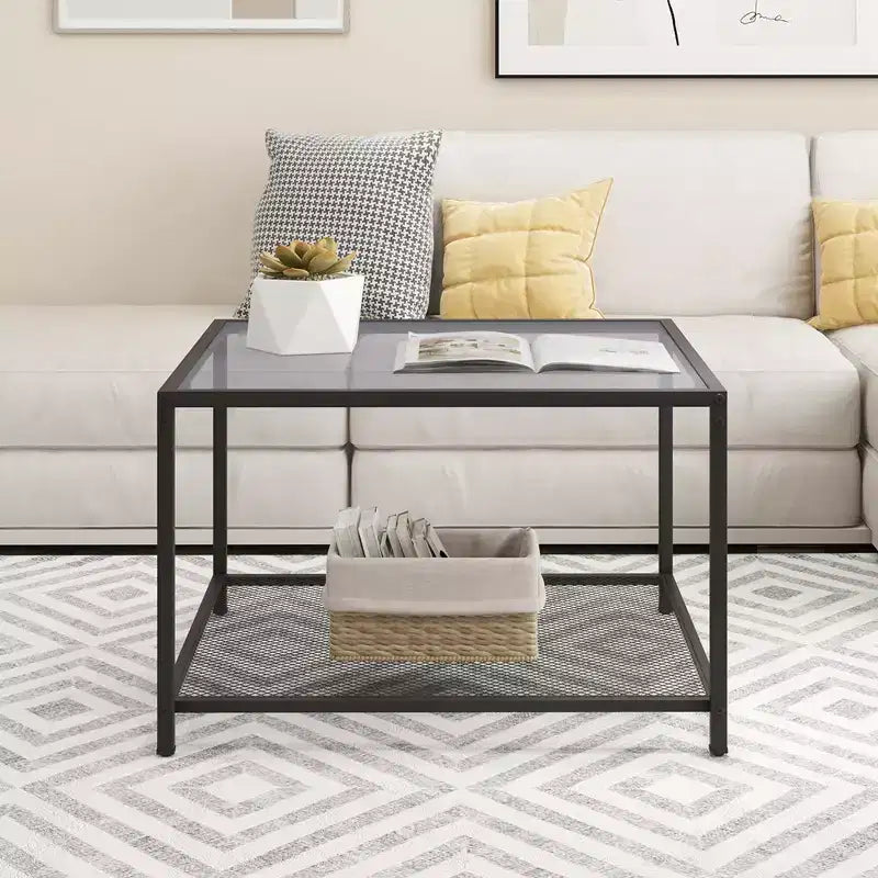Table basse Costway en verre 70 cm 2 niveaux carrée avec étagère en maille Salon Gris/Transparent