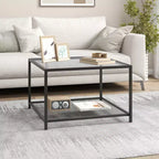 Table basse Costway en verre 70 cm 2 niveaux carrée avec étagère en maille Salon Gris/Transparent