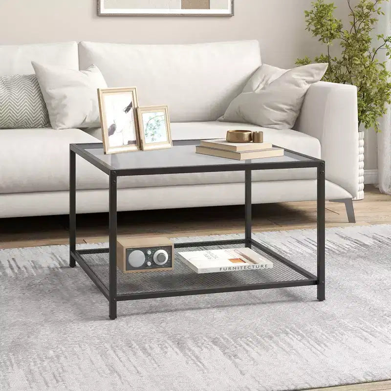 Table basse Costway en verre 70 cm 2 niveaux carrée avec étagère en maille Salon Gris/Transparent