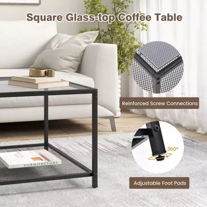 Table basse Costway en verre 70 cm 2 niveaux carrée avec étagère en maille Salon Gris/Transparent