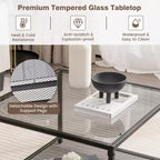 Table basse Costway en verre 70 cm 2 niveaux carrée avec étagère en maille Salon Gris/Transparent