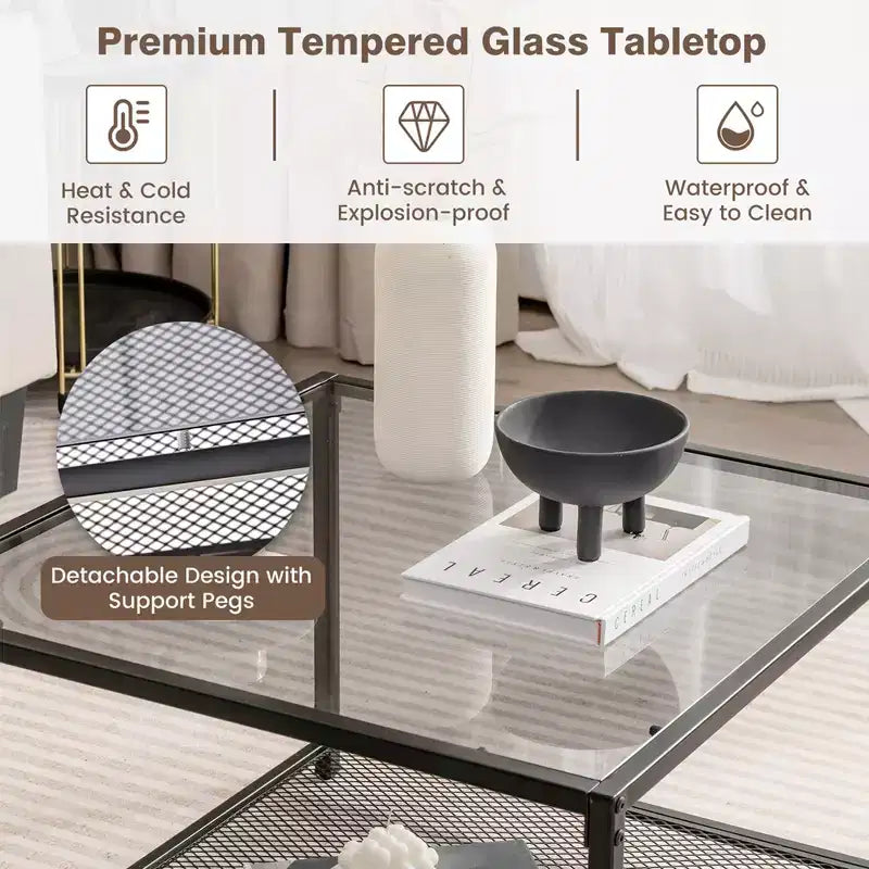 Table basse Costway en verre 70 cm 2 niveaux carrée avec étagère en maille Salon Gris/Transparent