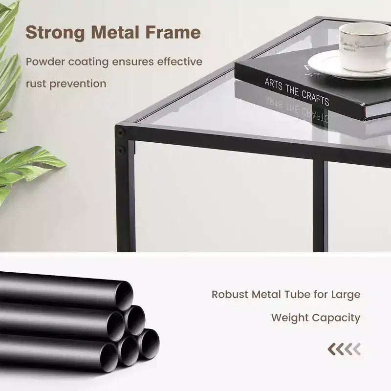 Table basse Costway en verre 70 cm 2 niveaux carrée avec étagère en maille Salon Gris/Transparent