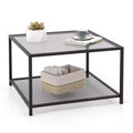 Costway Glass Coffee Table 27.5 Inch 2-Tier Square with Mesh Shelf Living Room Grey/Transparent