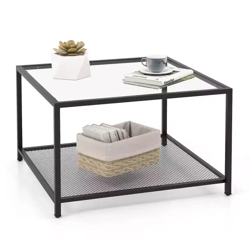 Table basse Costway en verre 70 cm 2 niveaux carrée avec étagère en maille Salon Gris/Transparent