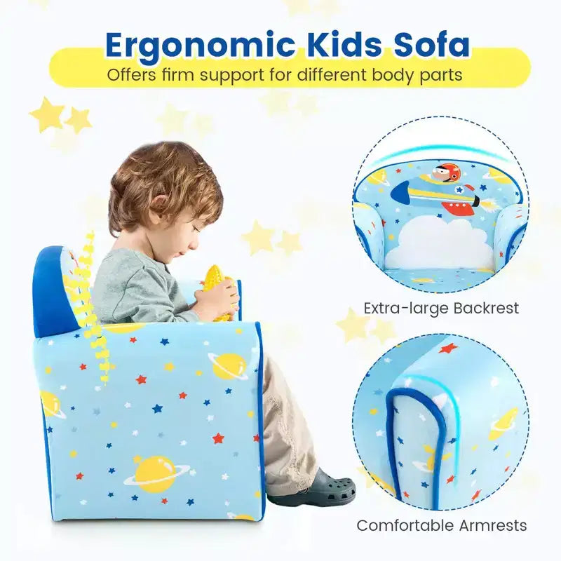 Costway Canapé pour enfant Fauteuil rembourré pour tout-petits Cadre en bois Canapé pour enfants Bleu