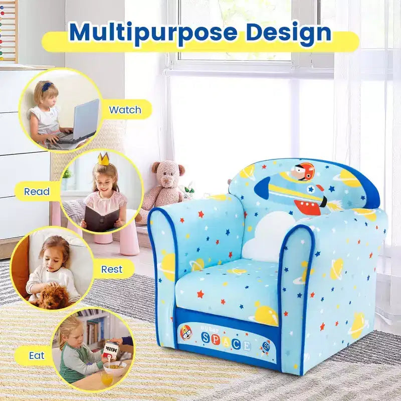 Costway Canapé pour enfant Fauteuil rembourré pour tout-petits Cadre en bois Canapé pour enfants Bleu