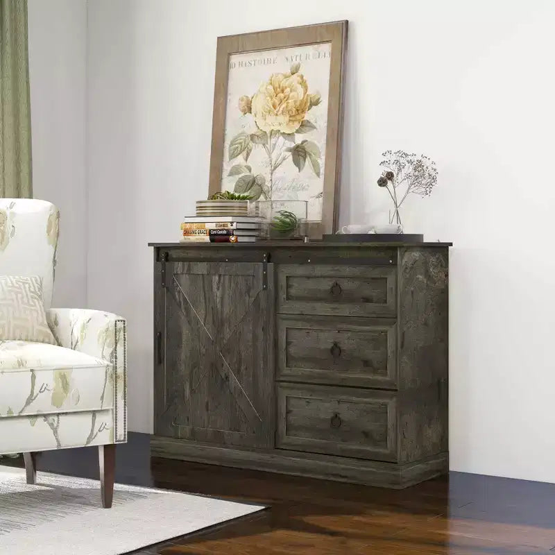 Meuble bas de bar à café de style ferme HOMCOM, buffet de cuisine, meuble de rangement avec porte coulissante de style grange et 3 tiroirs de rangement pour salon