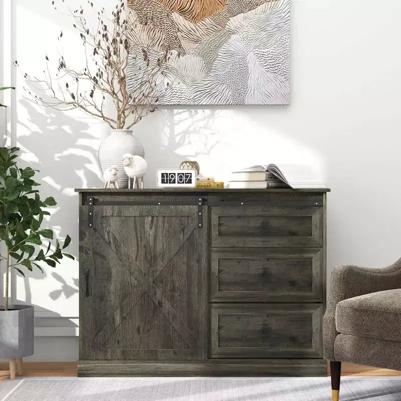 Meuble bas de bar à café de style ferme HOMCOM, buffet de cuisine, meuble de rangement avec porte coulissante de style grange et 3 tiroirs de rangement pour salon
