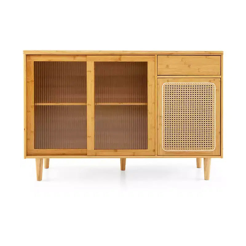 Buffet Costway – Meuble de rangement avec portes coulissantes et tiroir, table console en rotin