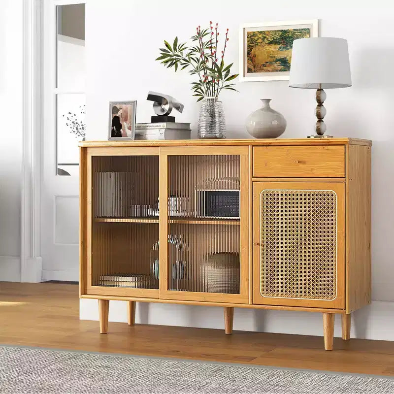 Buffet Costway – Meuble de rangement avec portes coulissantes et tiroir, table console en rotin