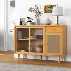 Buffet Costway – Meuble de rangement avec portes coulissantes et tiroir, table console en rotin