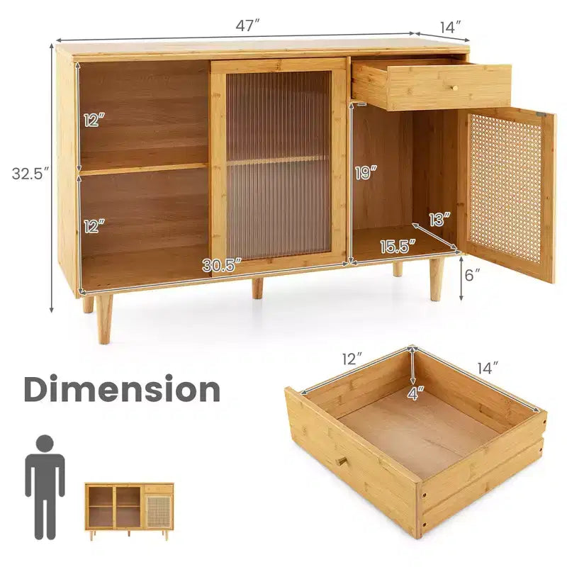 Buffet Costway – Meuble de rangement avec portes coulissantes et tiroir, table console en rotin