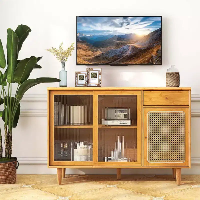 Buffet Costway – Meuble de rangement avec portes coulissantes et tiroir, table console en rotin