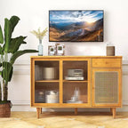 Buffet Costway – Meuble de rangement avec portes coulissantes et tiroir, table console en rotin