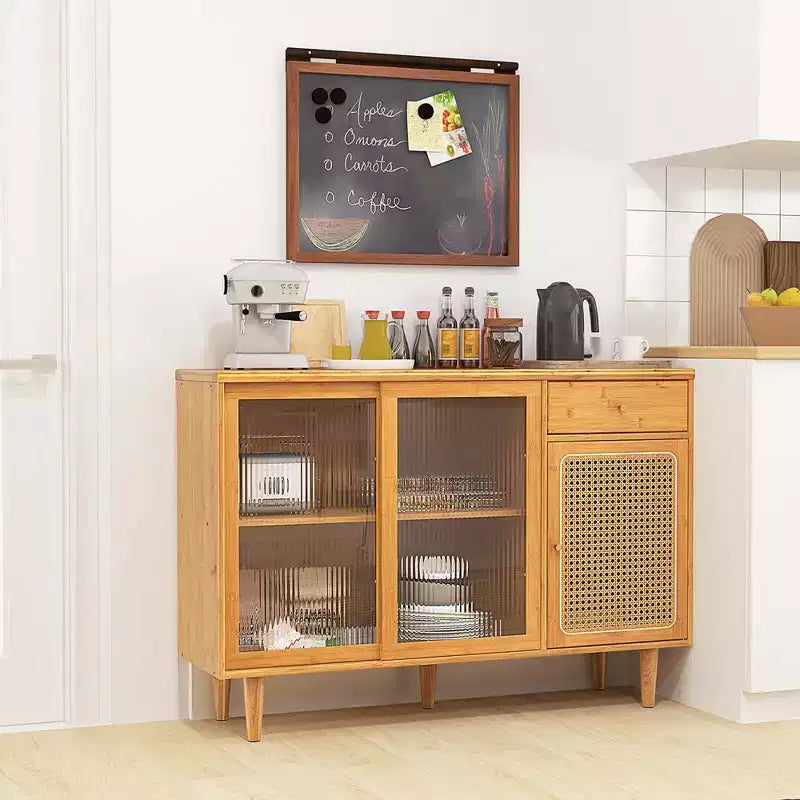 Buffet Costway – Meuble de rangement avec portes coulissantes et tiroir, table console en rotin
