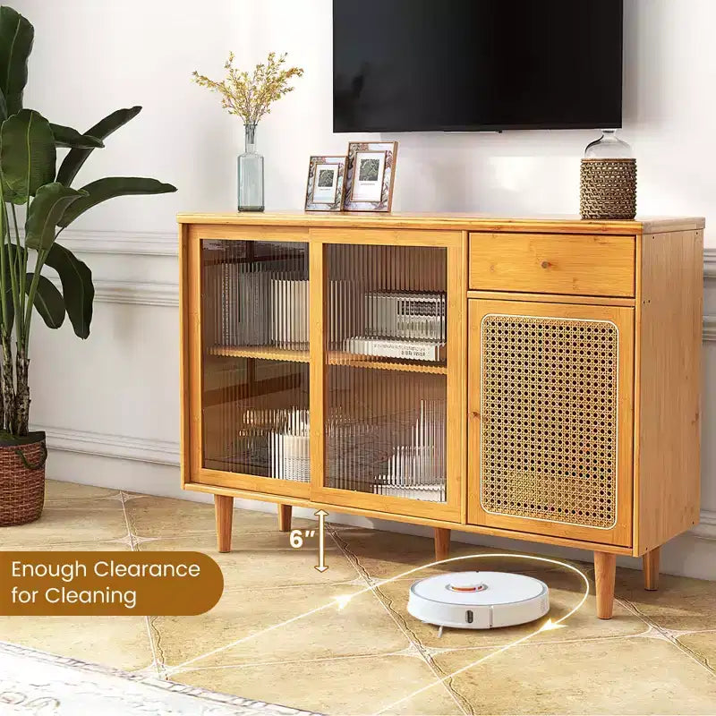 Buffet Costway – Meuble de rangement avec portes coulissantes et tiroir, table console en rotin
