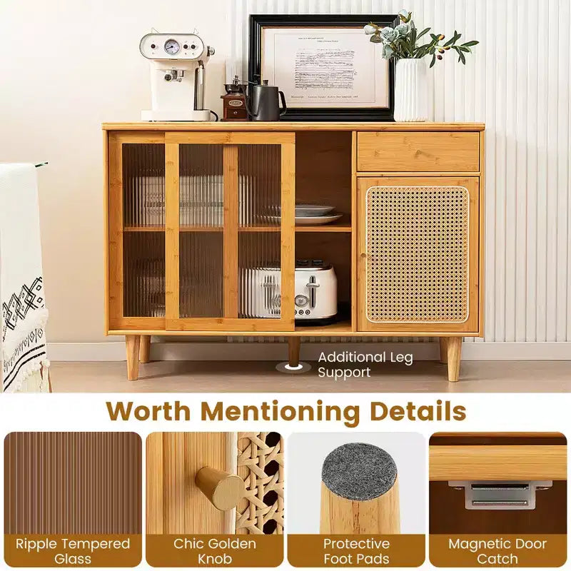 Buffet Costway – Meuble de rangement avec portes coulissantes et tiroir, table console en rotin
