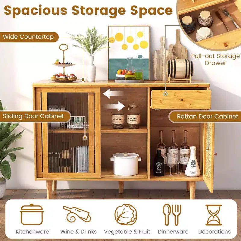 Buffet Costway – Meuble de rangement avec portes coulissantes et tiroir, table console en rotin
