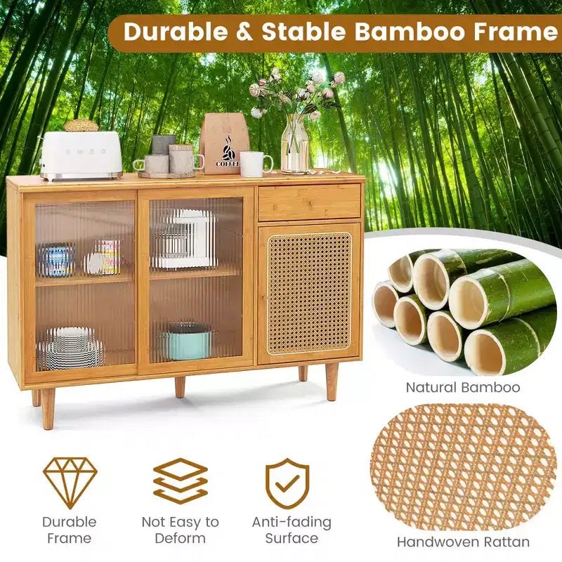 Buffet Costway – Meuble de rangement avec portes coulissantes et tiroir, table console en rotin