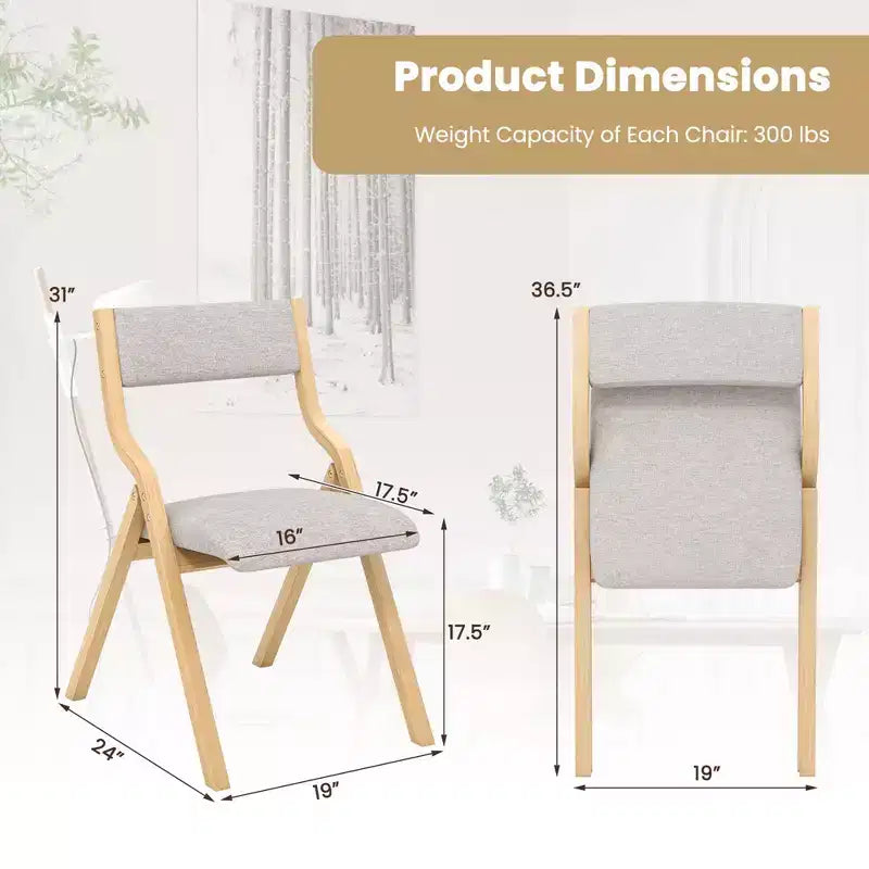 Lot de 2 chaises de salle à manger pliantes Costway, en bois, avec assise rembourrée en tissu de lin moderne