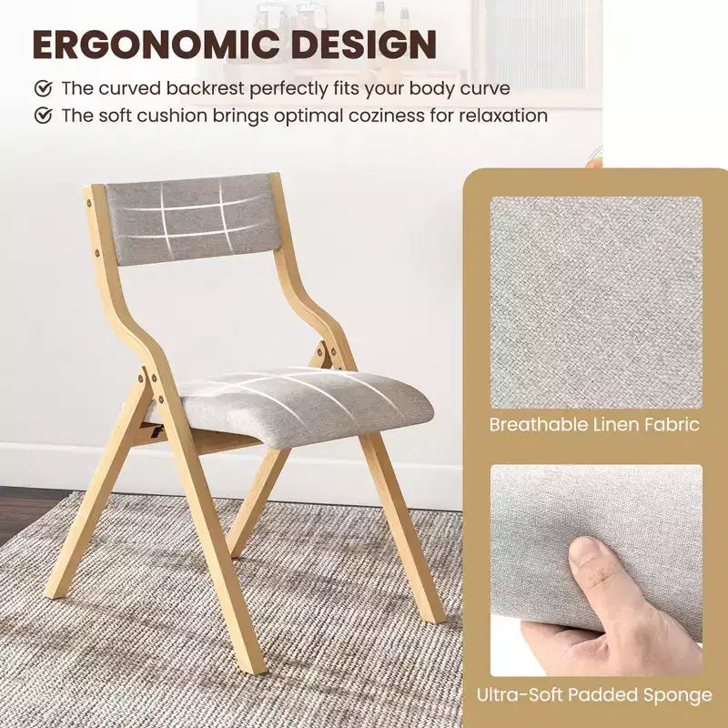 Lot de 2 chaises de salle à manger pliantes Costway, en bois, avec assise rembourrée en tissu de lin moderne