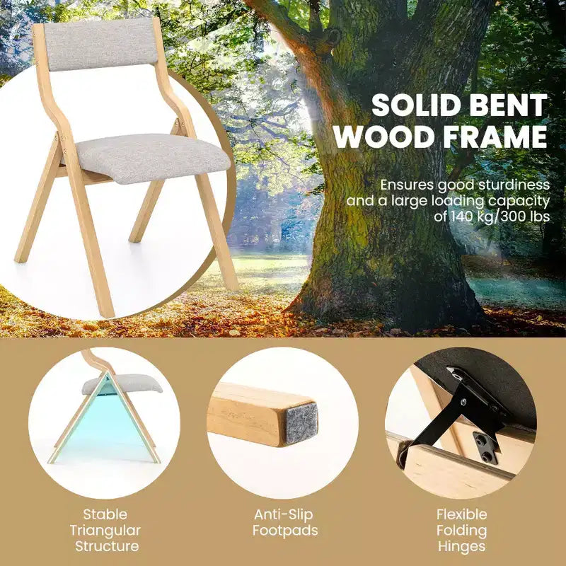 Lot de 2 chaises de salle à manger pliantes Costway, en bois, avec assise rembourrée en tissu de lin moderne