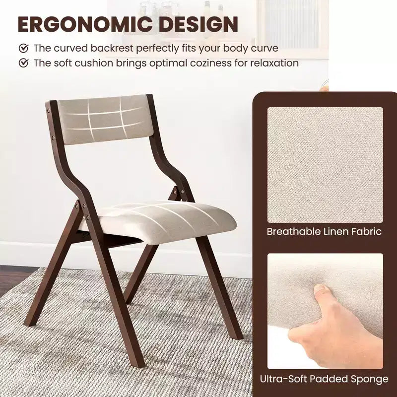 Lot de 2 chaises de salle à manger pliantes Costway, en bois, avec assise rembourrée en tissu de lin moderne