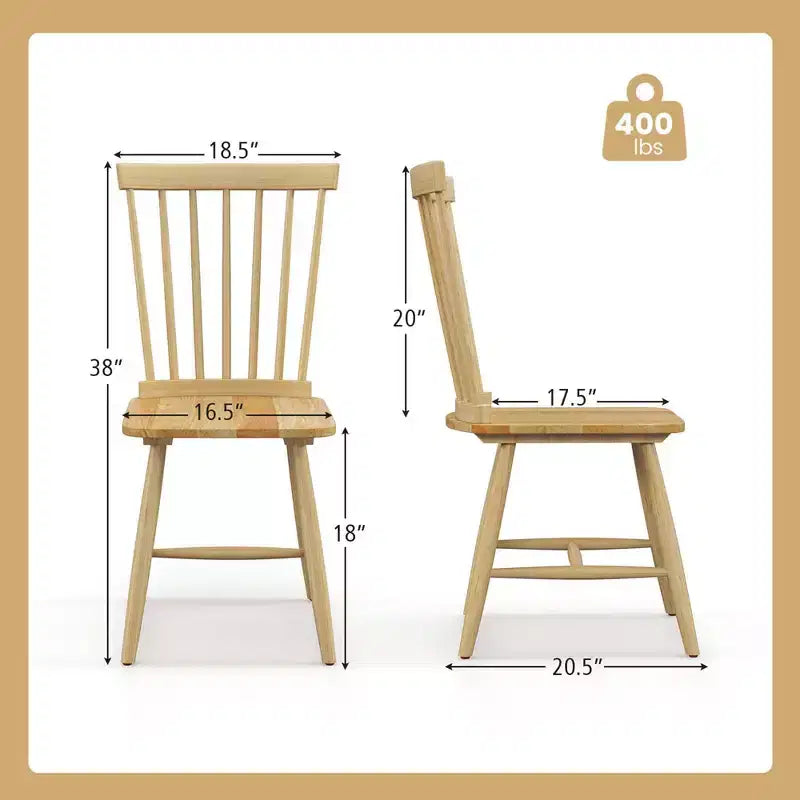 Costway Windsor – Lot de 2 chaises de salle à manger sans accoudoirs, dossier à barreaux, bois d'hévéa massif, noir/naturel