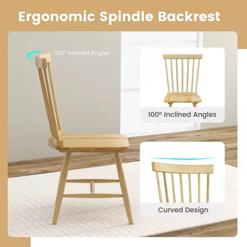 Costway Windsor – Lot de 2 chaises de salle à manger sans accoudoirs, dossier à barreaux, bois d'hévéa massif, noir/naturel