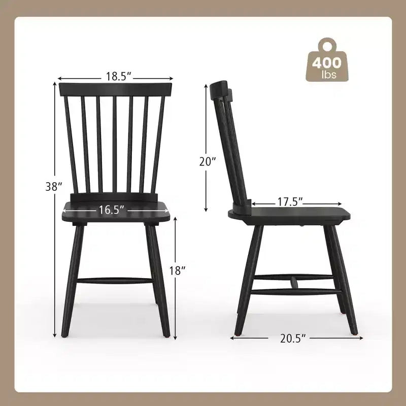 Costway Windsor – Lot de 2 chaises de salle à manger sans accoudoirs, dossier à barreaux, bois d'hévéa massif, noir/naturel