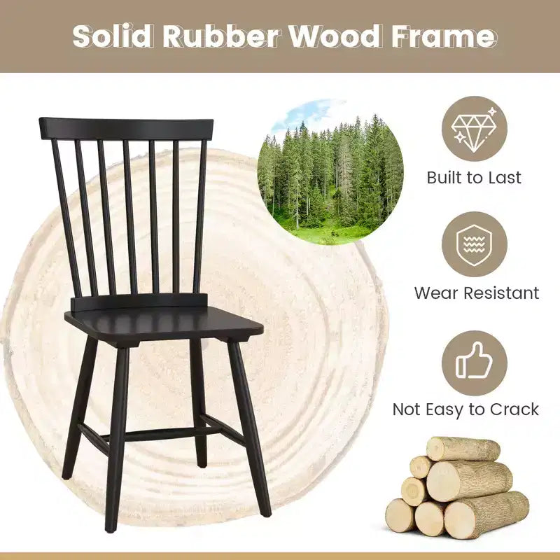 Costway Windsor – Lot de 2 chaises de salle à manger sans accoudoirs, dossier à barreaux, bois d'hévéa massif, noir/naturel