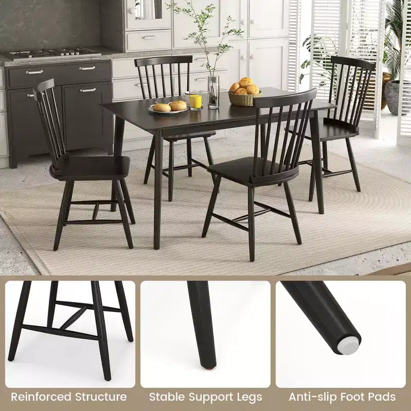 Costway Windsor – Lot de 2 chaises de salle à manger sans accoudoirs, dossier à barreaux, bois d'hévéa massif, noir/naturel