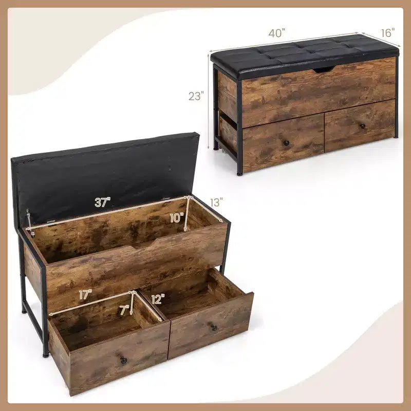 Banc Coffre de Rangement Costway, Dessus Rabattable, en Bois, avec Coussin et 2 Tiroirs