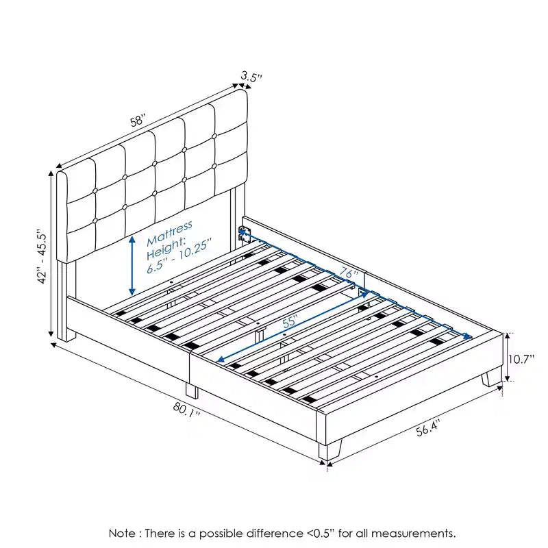 Cadre de lit rembourré Futon pour lit double/Queen Size, avec tête de lit capitonnée, sommier à lattes 12 pièces, gris