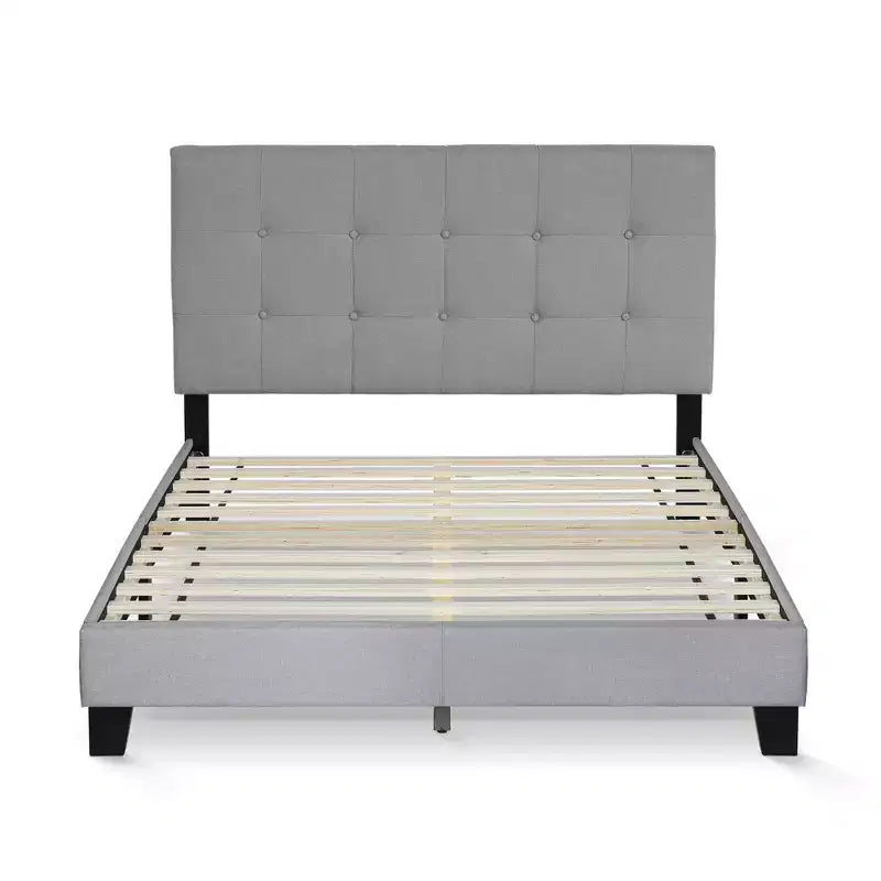 Cadre de lit rembourré Futon pour lit double/Queen Size, avec tête de lit capitonnée, sommier à lattes 12 pièces, gris