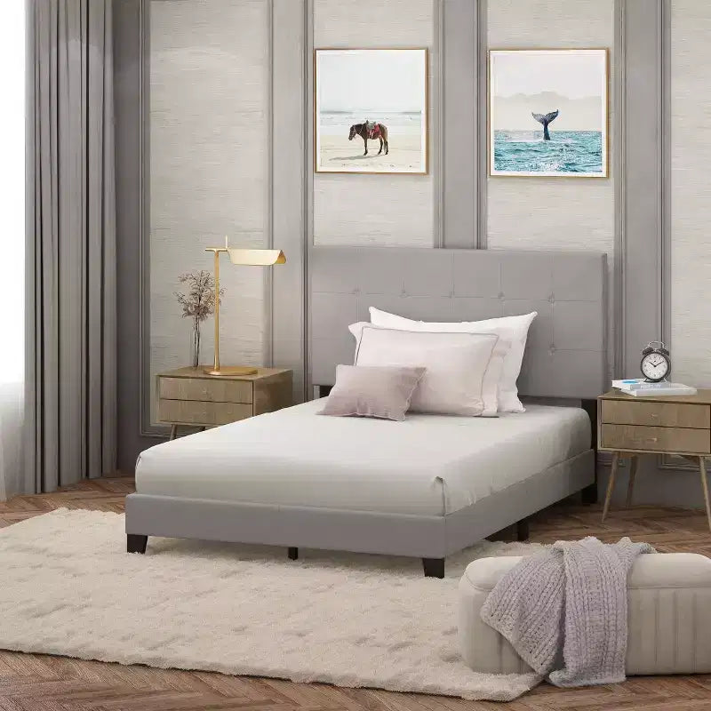Cadre de lit rembourré Futon pour lit double/Queen Size, avec tête de lit capitonnée, sommier à lattes 12 pièces, gris