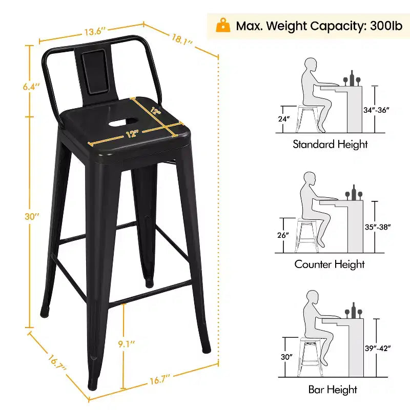 Tabourets de bar en métal Yaheetech 30 H, lot de 4 pour restaurant et maison, noirs
